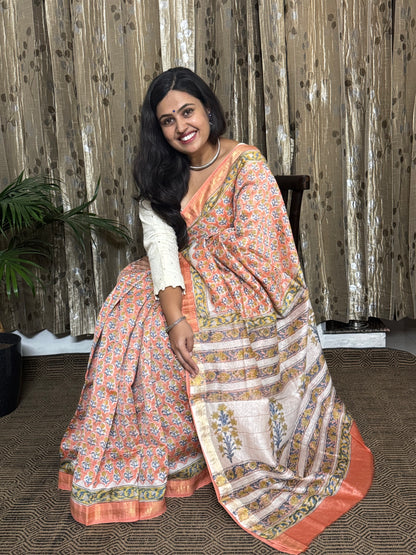 Peach Maheshwari Cotton Zari Saree