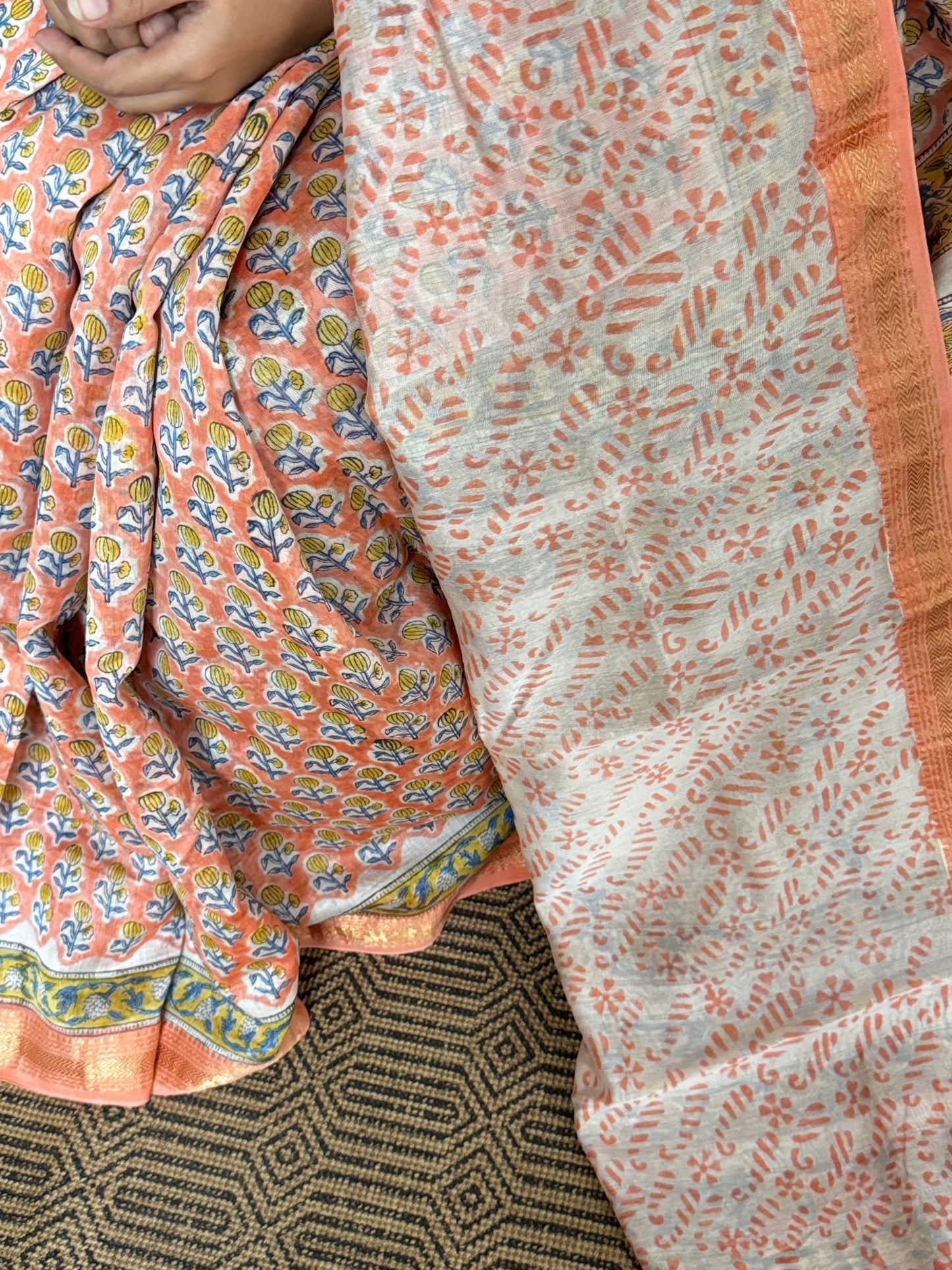 Peach Maheshwari Cotton Zari Saree