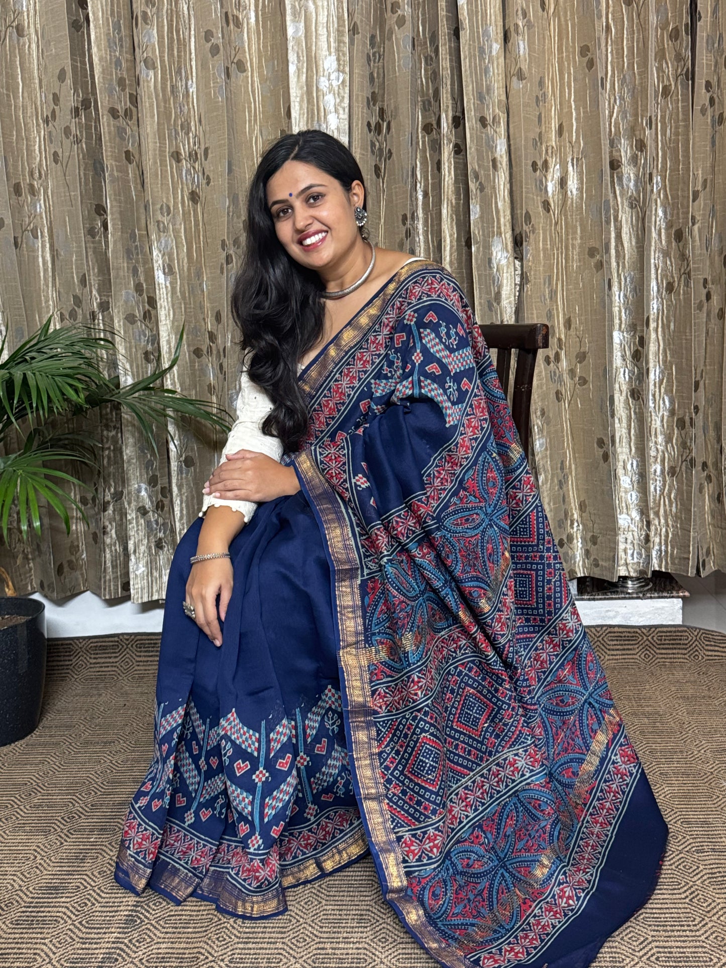 Indigo Maheshwari Cotton Zari Saree