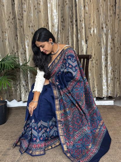 Indigo Maheshwari Cotton Zari Saree