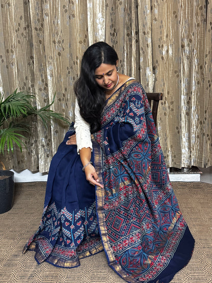 Indigo Maheshwari Cotton Zari Saree
