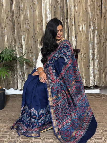Indigo Maheshwari Cotton Zari Saree
