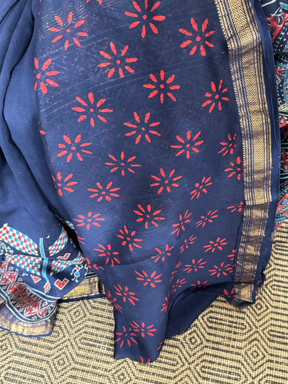 Indigo Maheshwari Cotton Zari Saree