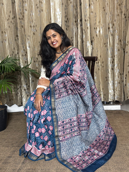 Blue and Pink Maheshwari Cotton Zari Saree
