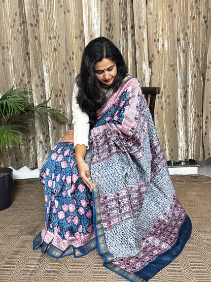 Blue and Pink Maheshwari Cotton Zari Saree