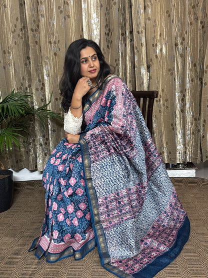 Blue and Pink Maheshwari Cotton Zari Saree