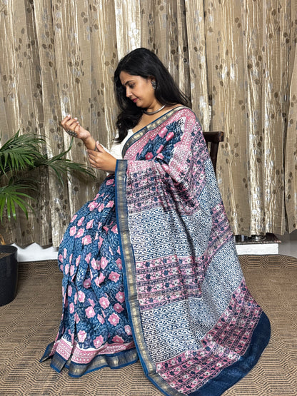 Blue and Pink Maheshwari Cotton Zari Saree