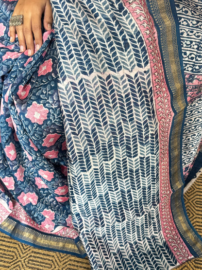 Blue and Pink Maheshwari Cotton Zari Saree