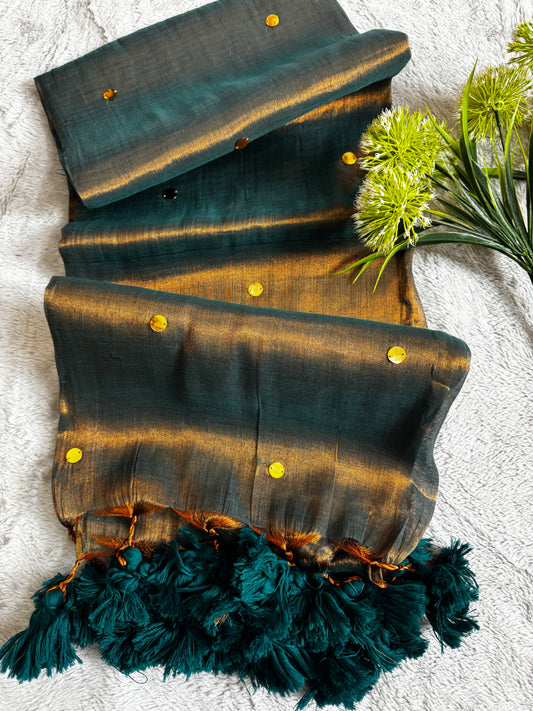 Green and Copper Shimmer Tissue Saree With Chumki