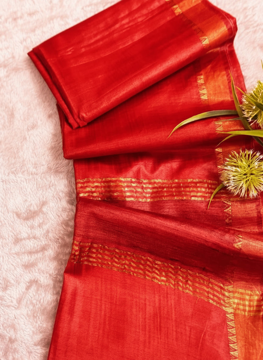 Red Pure Tussar Moonga Silk Saree