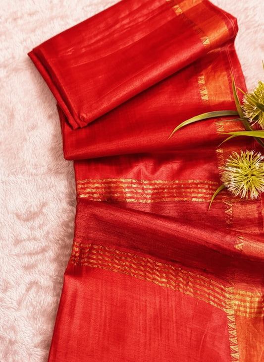 Red Pure Tussar Moonga Silk Saree