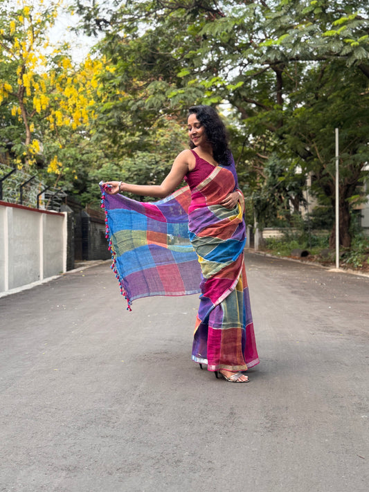 Multi Colour Linen Zari Saree