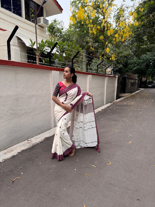 White Applique Patchwork Mul Cotton Tagai Ajrakh Saree