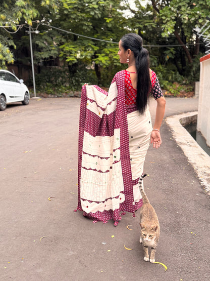 White Applique Patchwork Mul Cotton Tagai Ajrakh Saree
