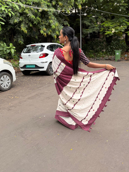 White Applique Patchwork Mul Cotton Tagai Ajrakh Saree