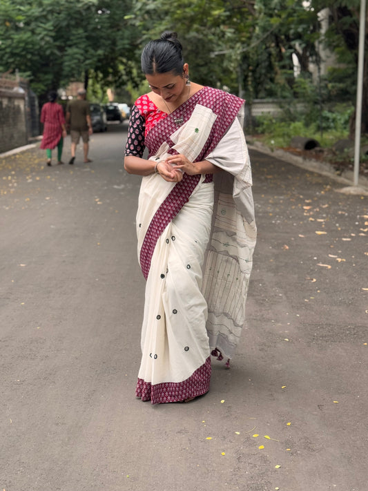 White Applique Patchwork Mul Cotton Tagai Ajrakh Saree