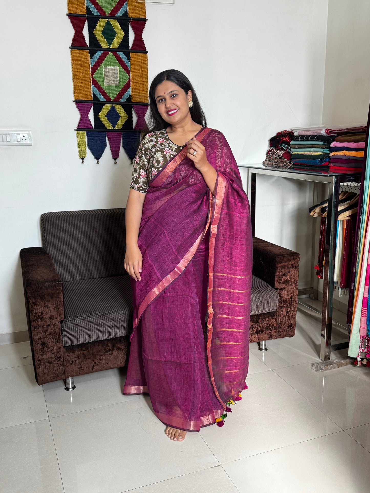 Wine Linen Zari Saree