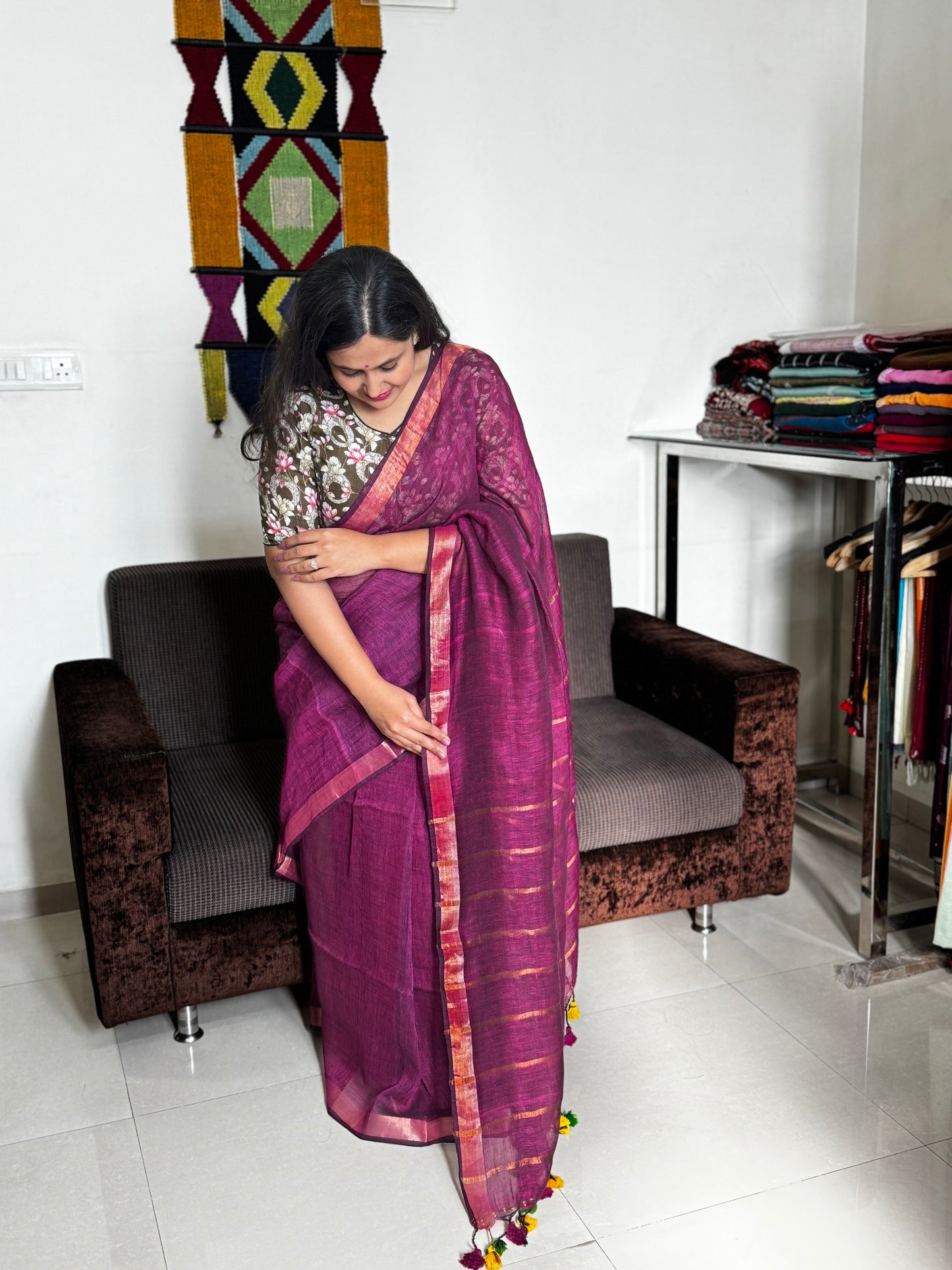 Wine Linen Zari Saree