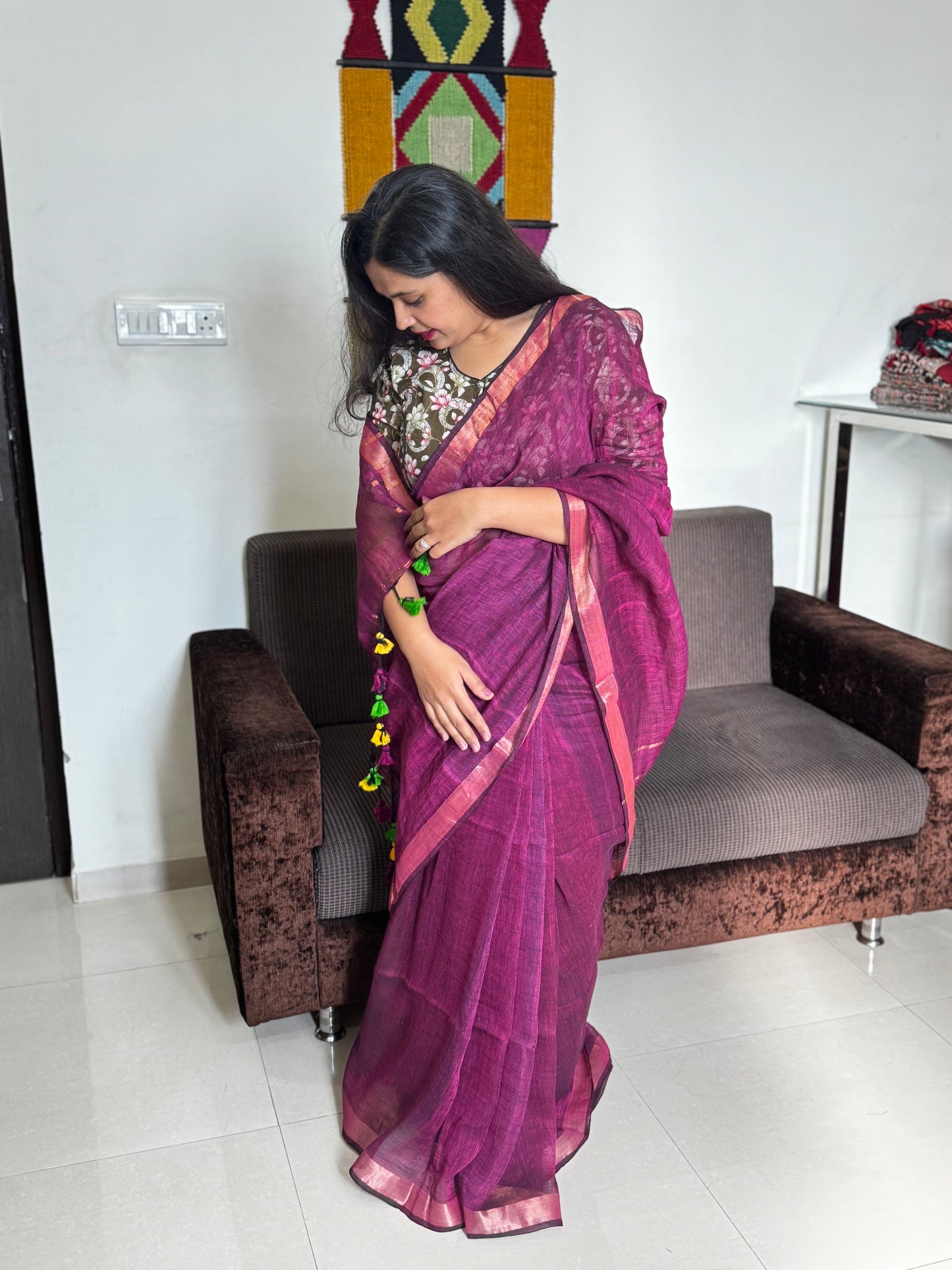 Wine Linen Zari Saree
