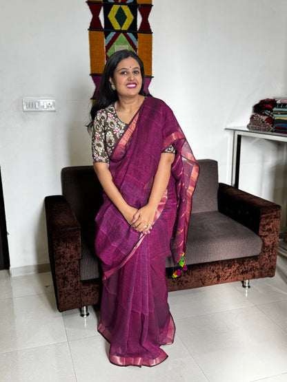 Wine Linen Zari Saree