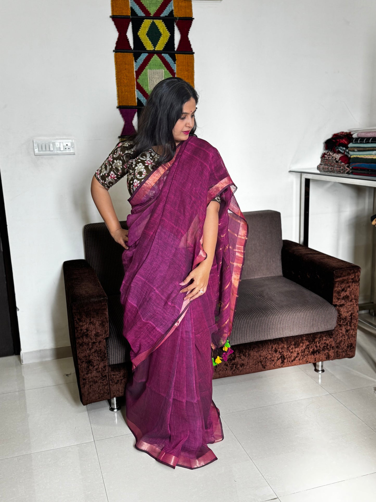 Wine Linen Zari Saree