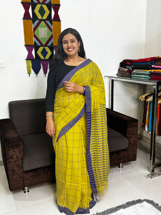 Yellow and Blue Checks Cotton Saree