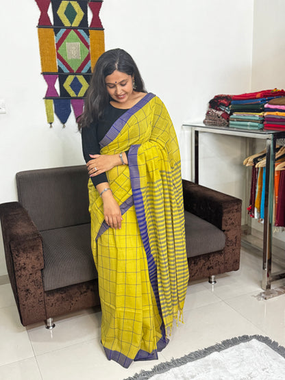 Yellow and Blue Checks Cotton Saree
