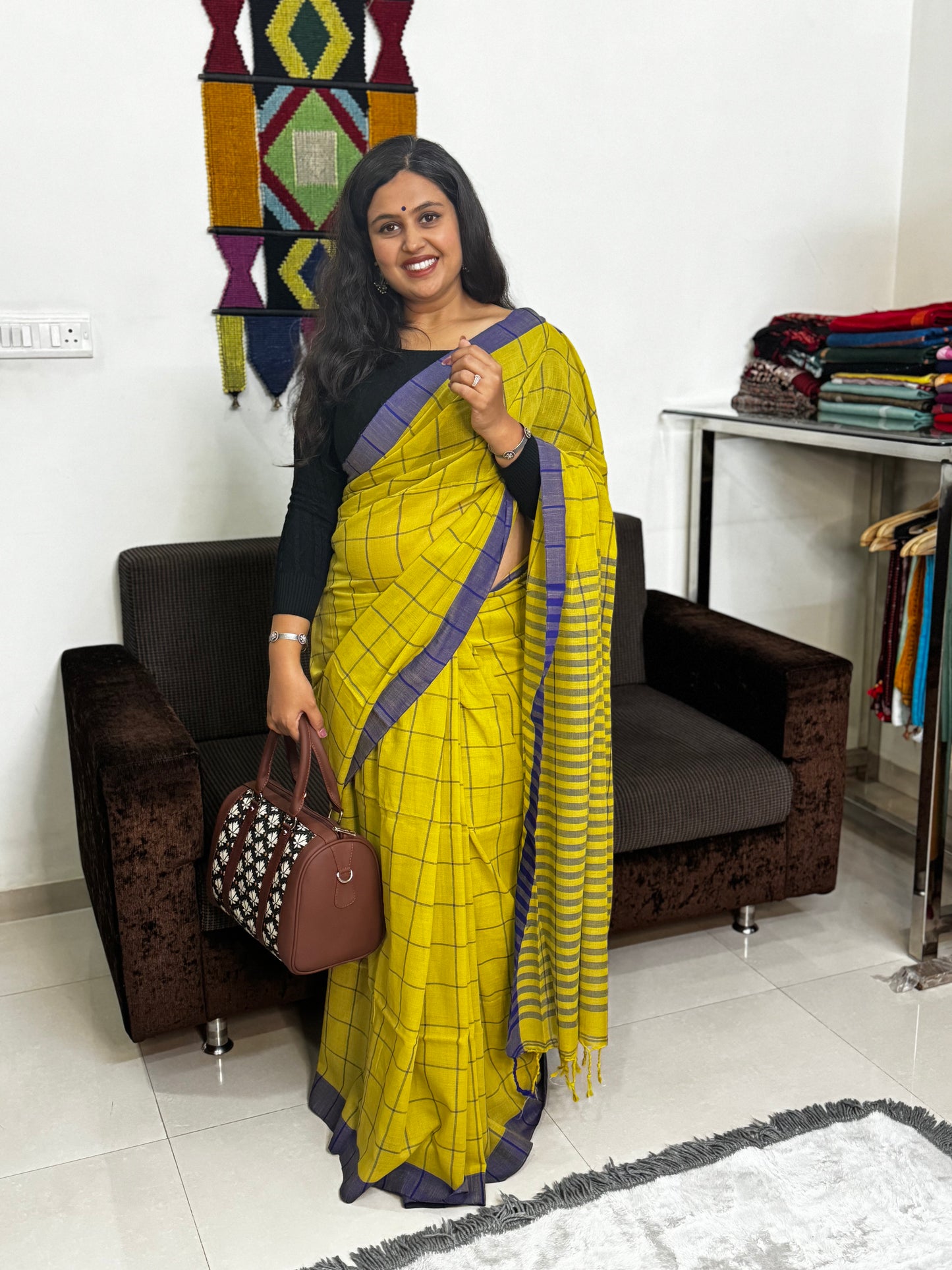Yellow and Blue Checks Cotton Saree
