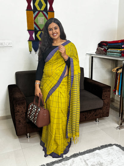 Yellow and Blue Checks Cotton Saree