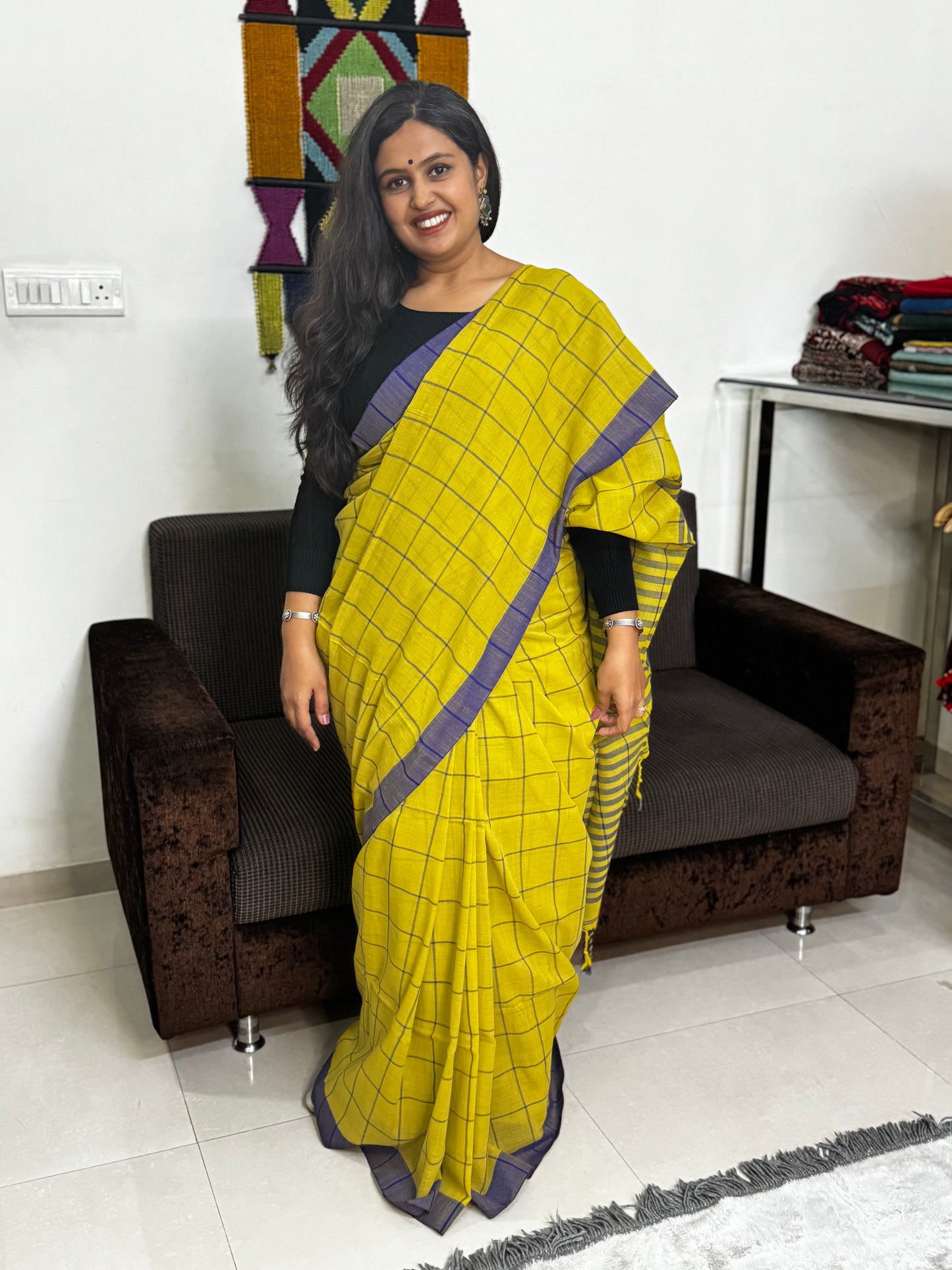 Yellow and Blue Checks Cotton Saree