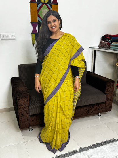 Yellow and Blue Checks Cotton Saree
