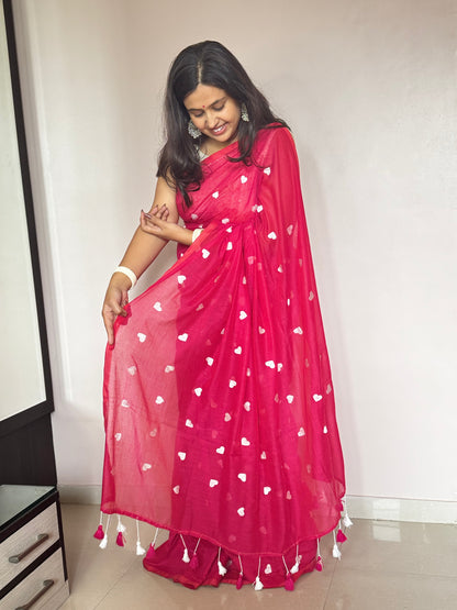 Rani Pink Heart Embroidery Mul Cotton Saree