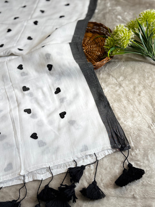 White Heart Embroidery Mul Cotton Saree
