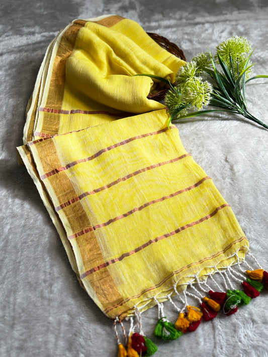 Lemon Yellow Linen Zari Saree