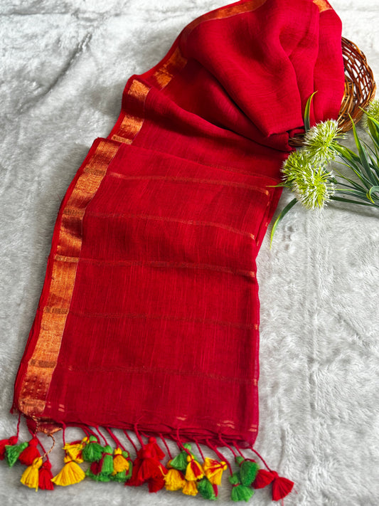 Red Linen Zari Saree