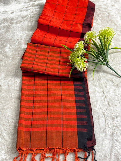 Orange and Black Checks Cotton Saree