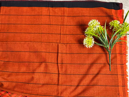 Orange and Black Checks Cotton Saree
