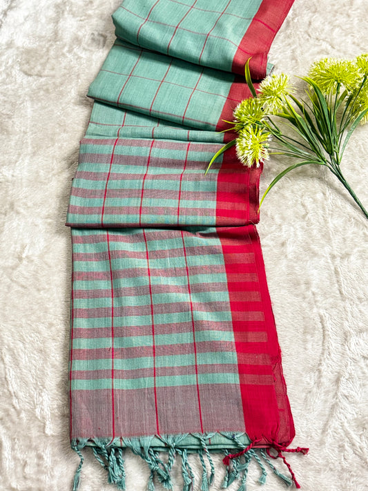 Sea Green with Red Checks Cotton Saree