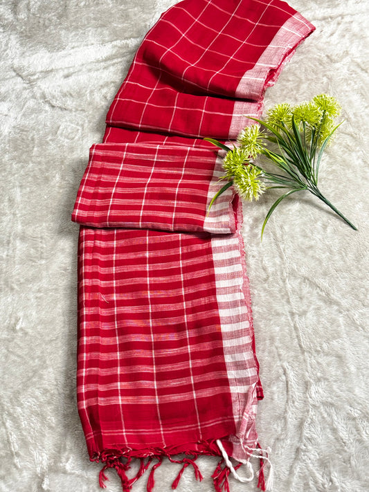 Red and White Checks Cotton Saree