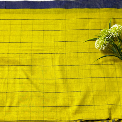 Yellow and Blue Checks Cotton Saree