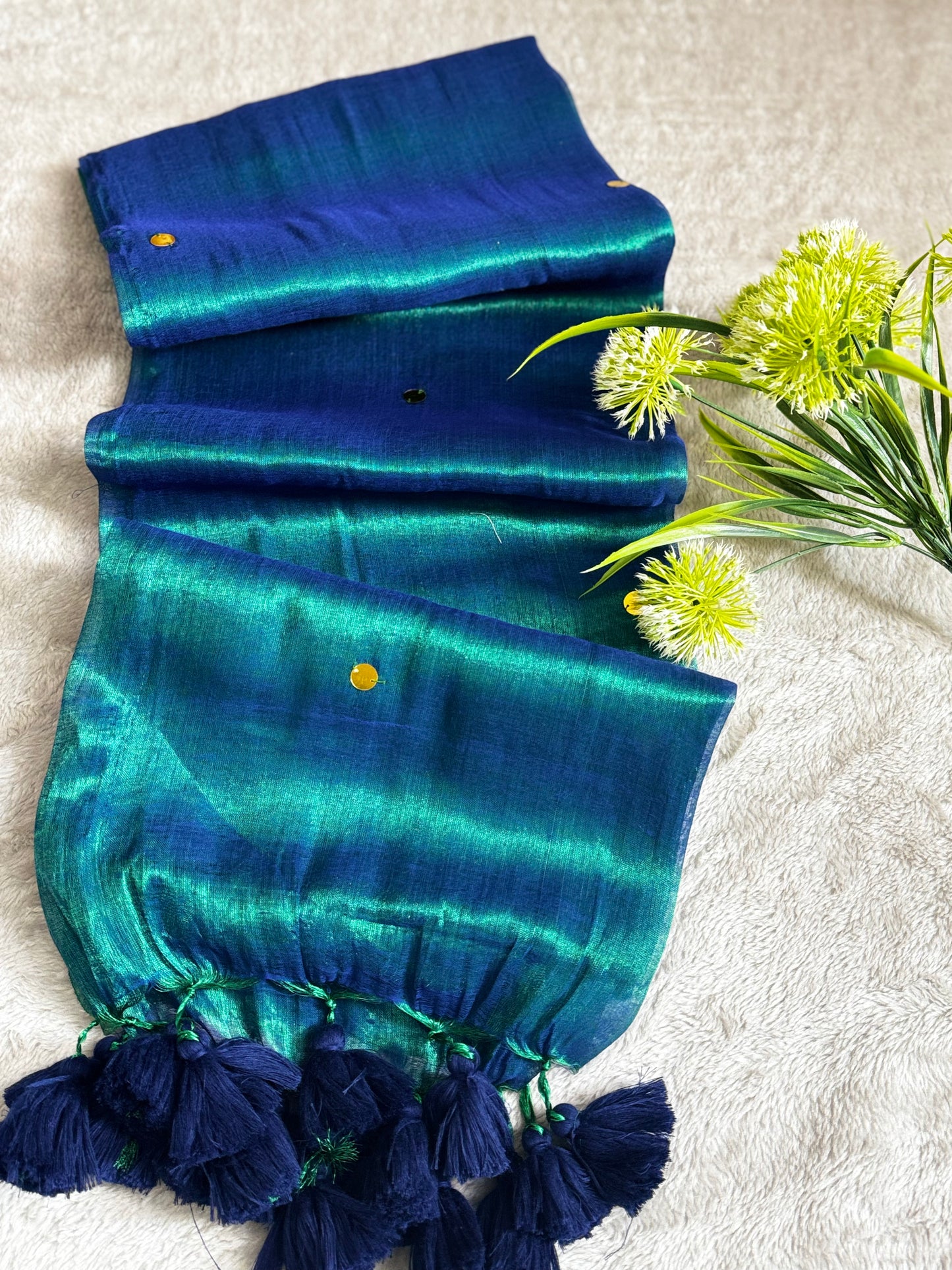 Peacock Blue Shimmer Tissue Saree With Chumki
