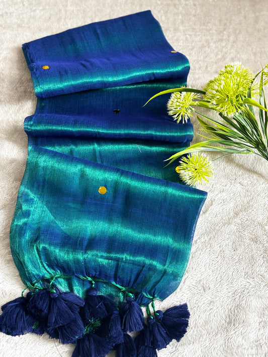 Peacock Blue Shimmer Tissue Saree With Chumki