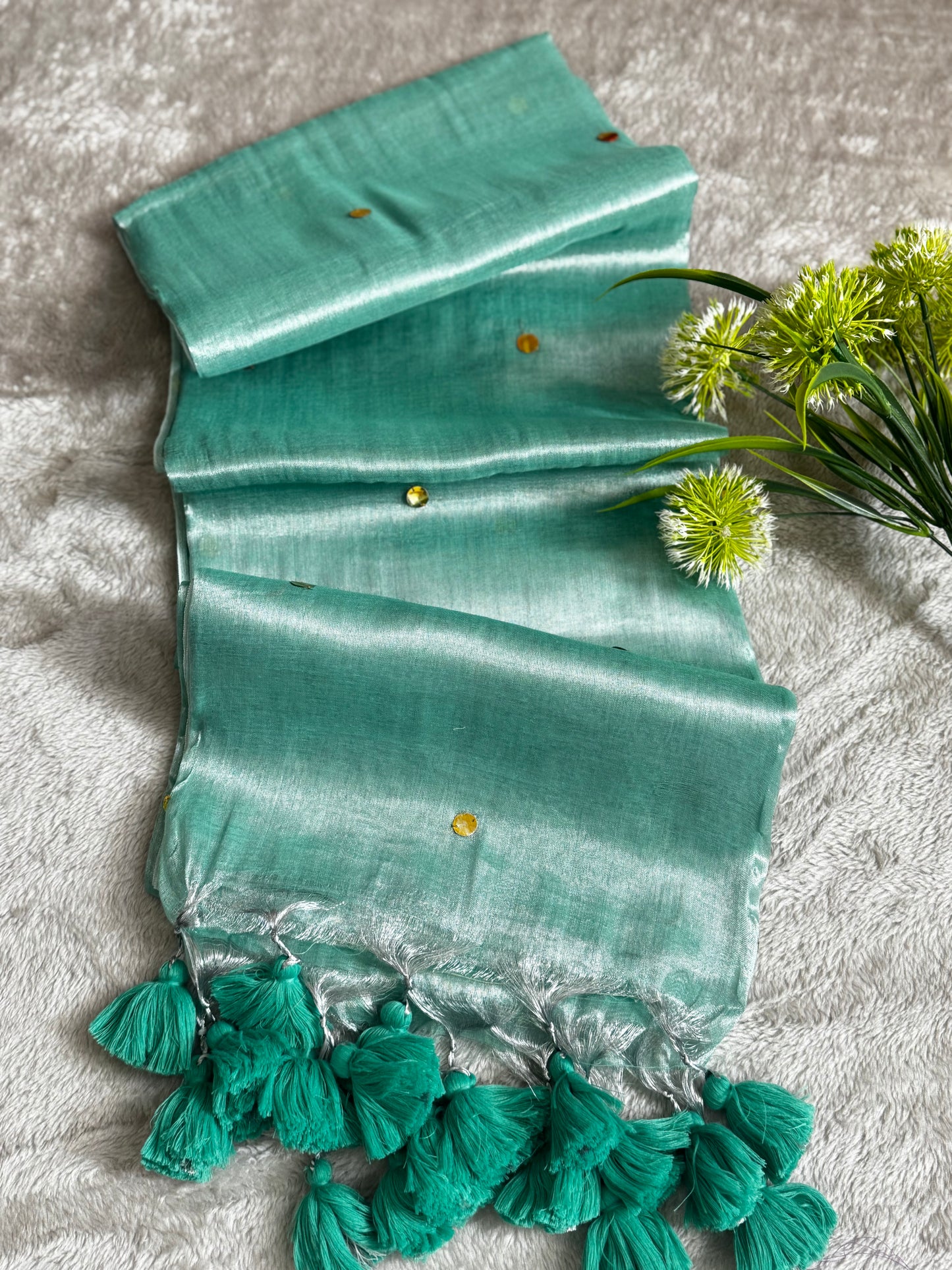 Sea Green Shimmer Tissue Saree With Chumki