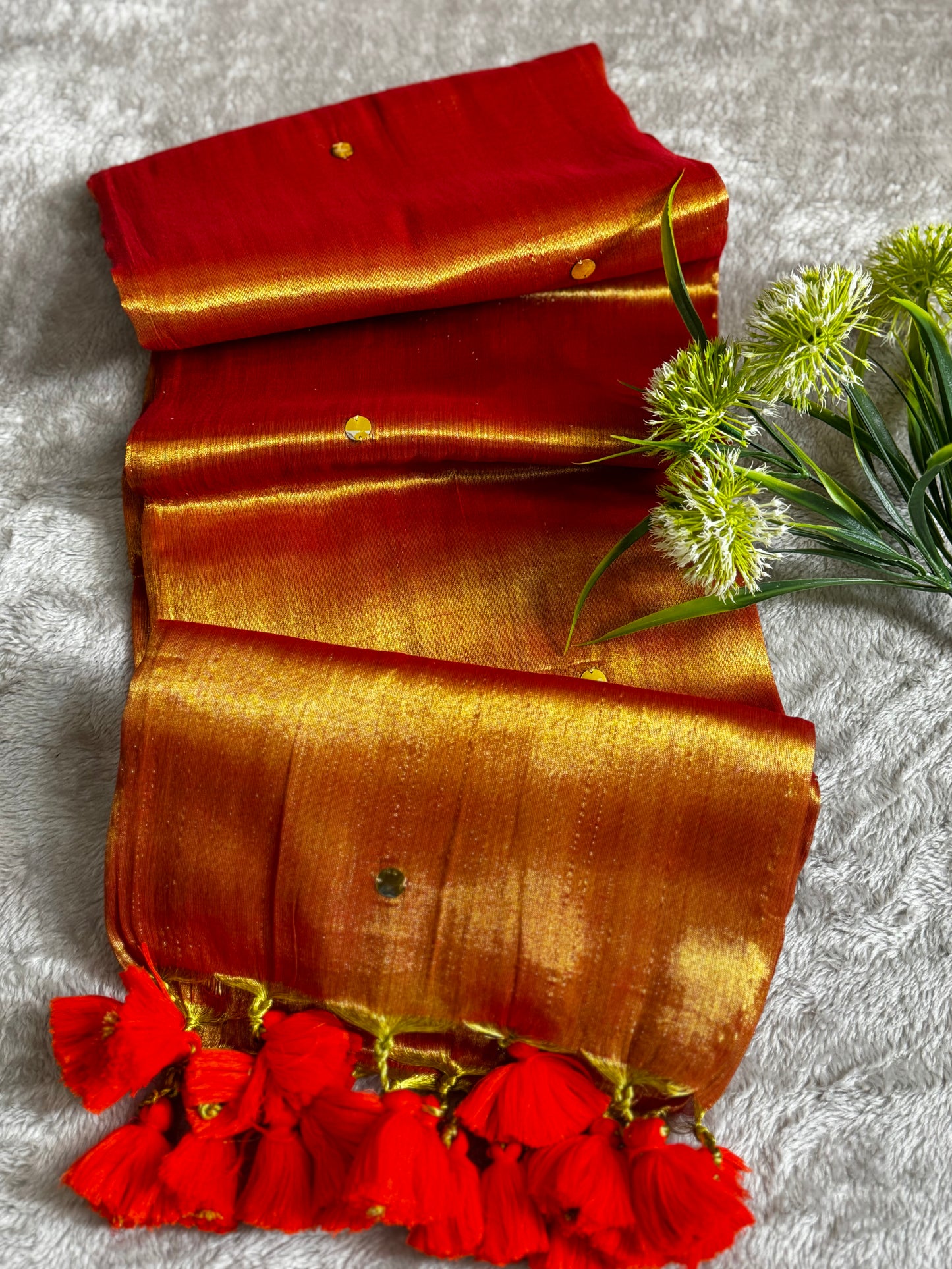 Pink and Orange Shimmer Tissue Saree With Chumki