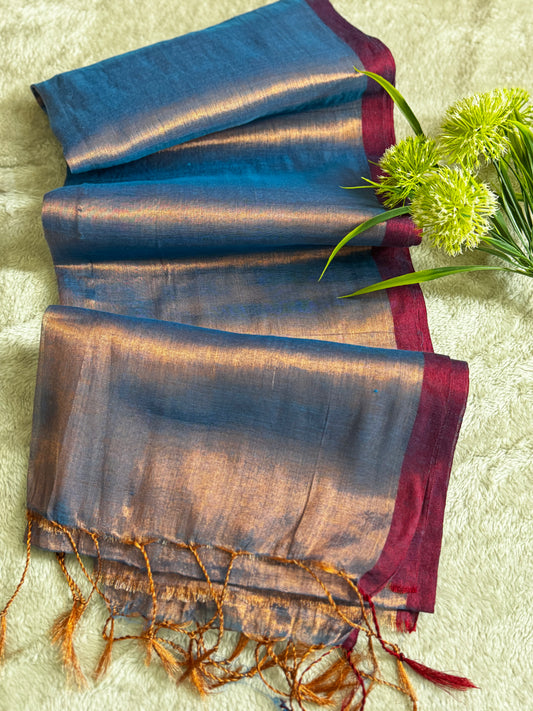 Blue with Red Border Shimmer Tissue Saree
