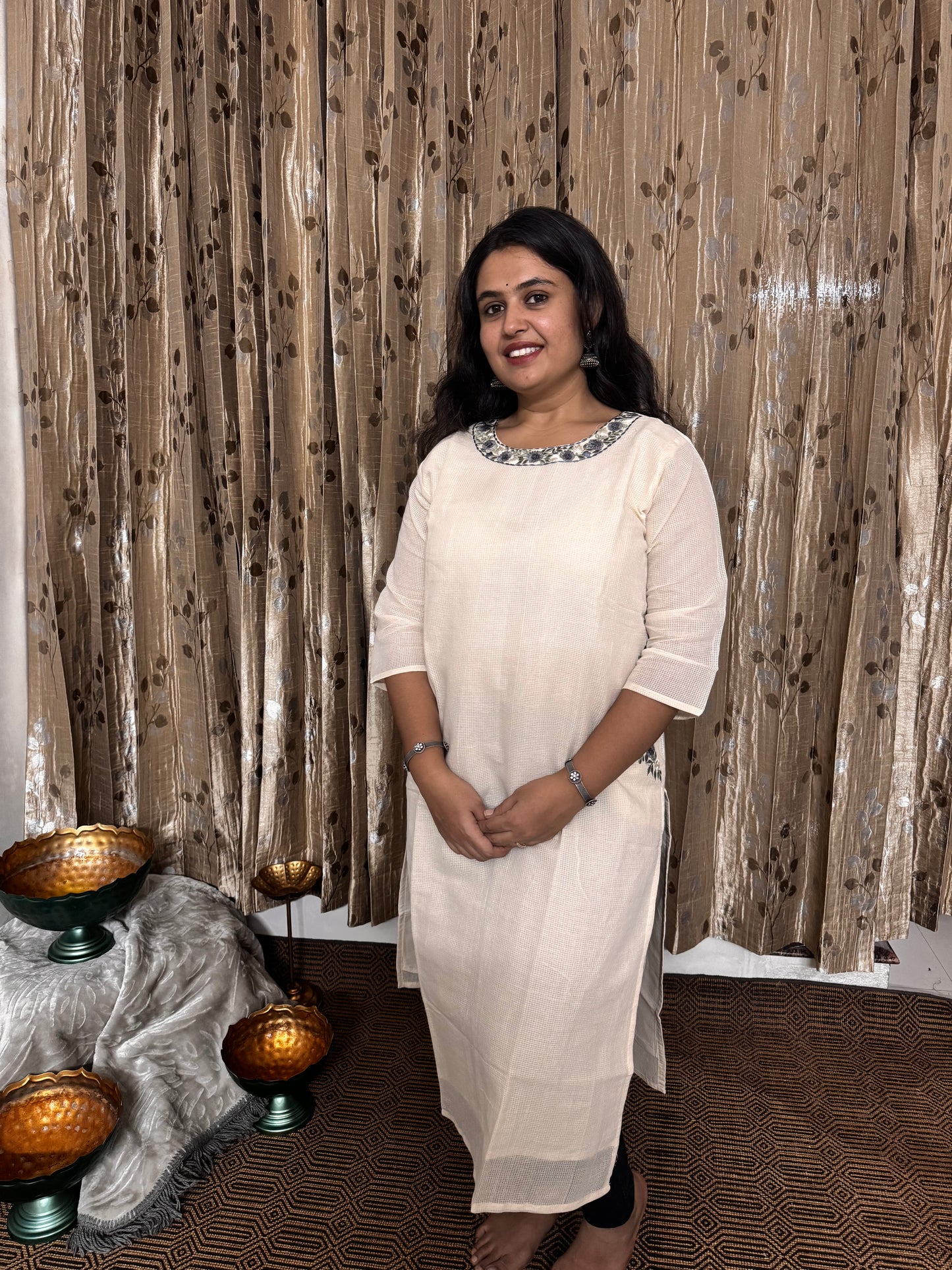 Off White Khadi Cotton Embroidery Kurta