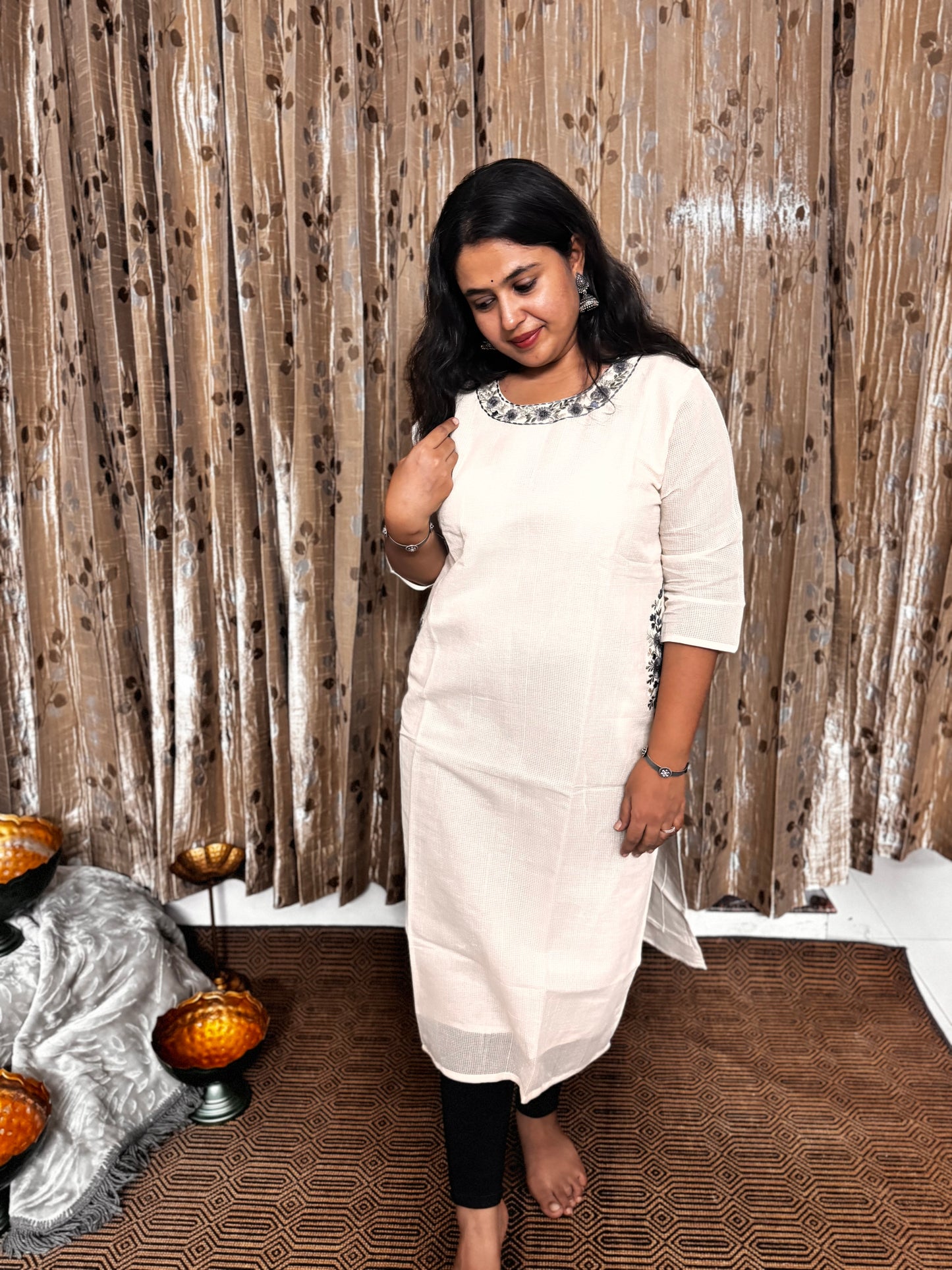 Off White Khadi Cotton Embroidery Kurta