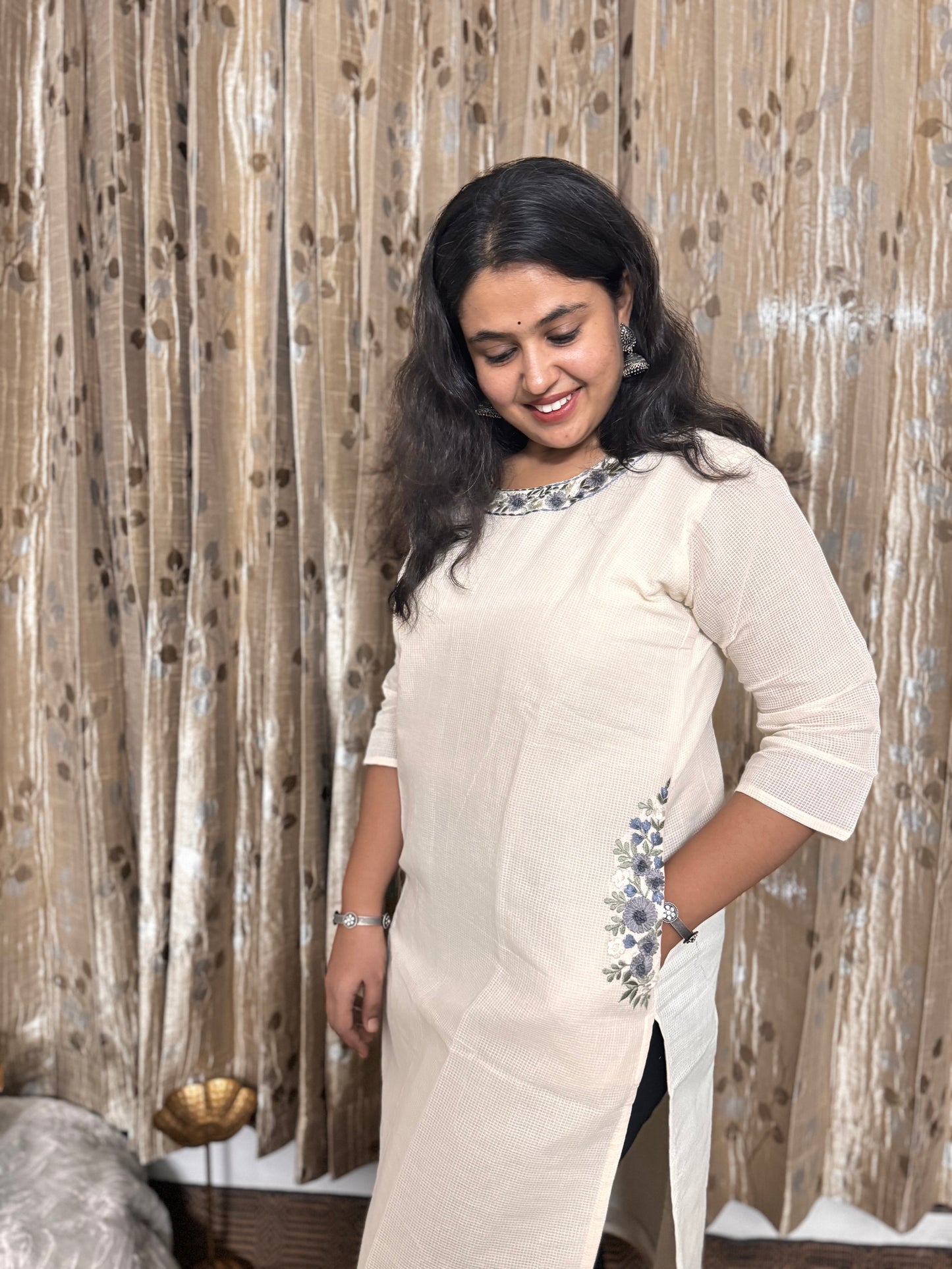 Off White Khadi Cotton Embroidery Kurta