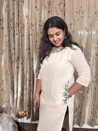 Off White Khadi Cotton Embroidery Kurta