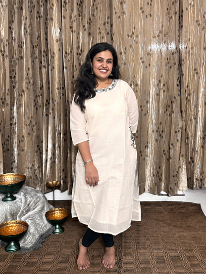 Off White Khadi Cotton Embroidery Kurta